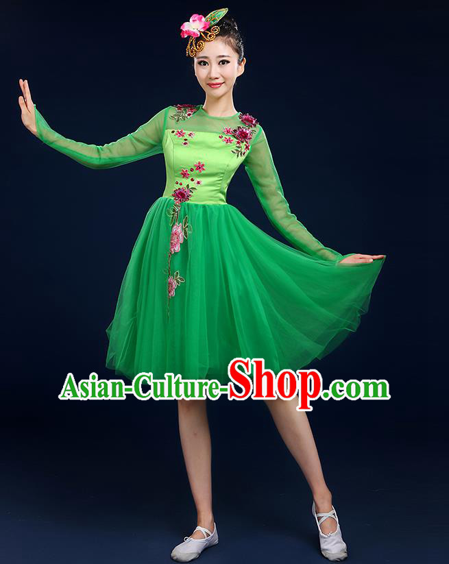 Traditional Chinese Modern Dancing Compere Costume, Women Opening Classic Dance Chorus Singing Group Bubble Uniforms, Modern Dance Classic Dance Big Swing Green Short Dress for Women