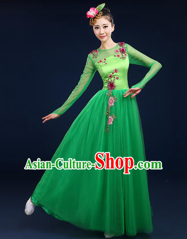 Traditional Chinese Modern Dancing Compere Costume, Women Opening Classic Dance Chorus Singing Group Bubble Uniforms, Modern Dance Classic Dance Big Swing Green Long Dress for Women