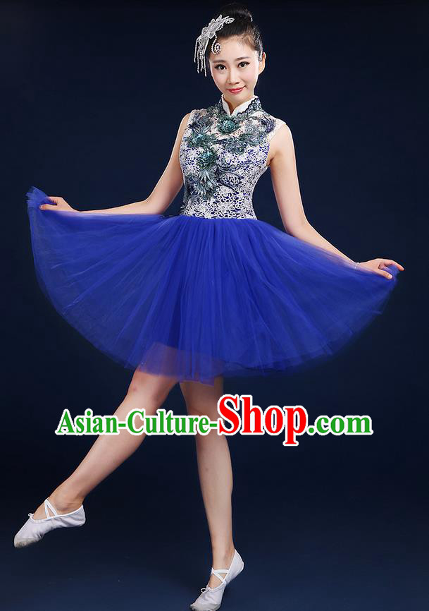 Traditional Chinese Modern Dancing Compere Costume, Women Opening Classic Dance Chorus Singing Group Bubble Uniforms, Modern Dance Classic Dance Big Swing Blue Short Dress for Women