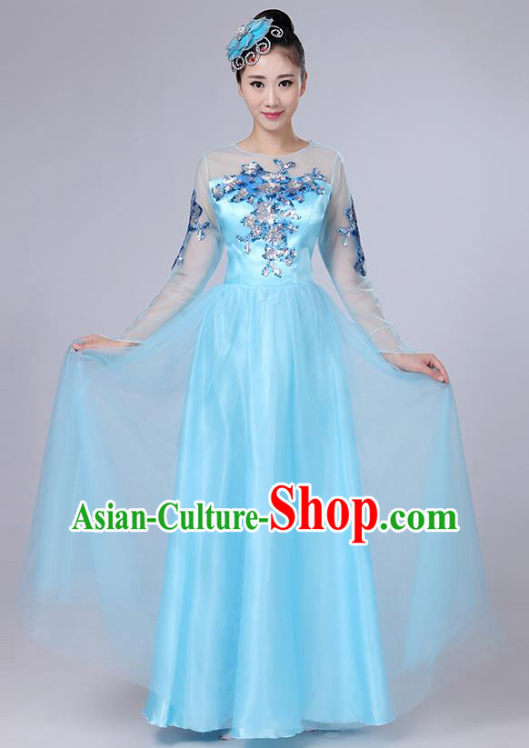 Traditional Chinese Modern Dancing Compere Costume, Women Opening Classic Dance Chorus Singing Group Bubble Embroidered Uniforms, Modern Dance Classic Dance Big Swing Blue Long Dress for Women