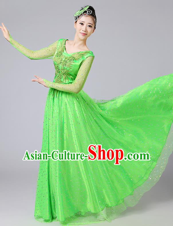 Traditional Chinese Modern Dancing Compere Costume, Women Opening Classic Dance Chorus Singing Group Bubble Uniforms, Modern Dance Classic Dance Big Swing Green Long Dress for Women