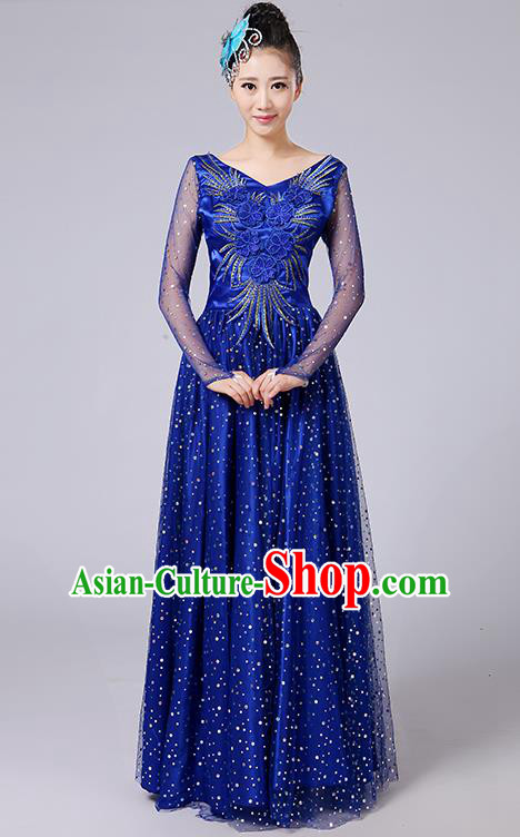 Traditional Chinese Modern Dancing Compere Costume, Women Opening Classic Dance Chorus Singing Group Bubble Uniforms, Modern Dance Classic Dance Big Swing Blue Long Dress for Women