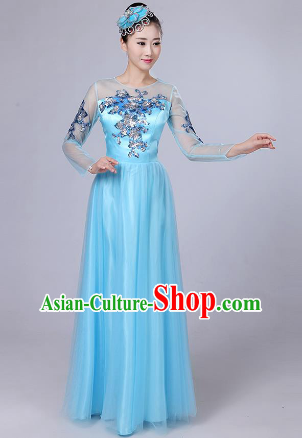 Traditional Chinese Modern Dancing Compere Costume, Women Opening Classic Dance Chorus Singing Group Paillette Flowers Bubble Uniforms, Modern Dance Classic Dance Big Swing Blue Long Dress for Women