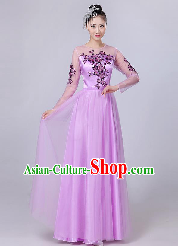 Traditional Chinese Modern Dancing Compere Costume, Women Opening Classic Dance Chorus Singing Group Paillette Flowers Bubble Uniforms, Modern Dance Classic Dance Big Swing Purple Long Dress for Women