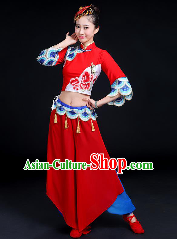 Traditional Chinese Yangge Fan Dancing Costume, Folk Dance Yangko Mandarin Collar Peony Tassel Blouse and Pants Uniforms, Classic Dance Elegant Dress Drum Dance Clothing for Women