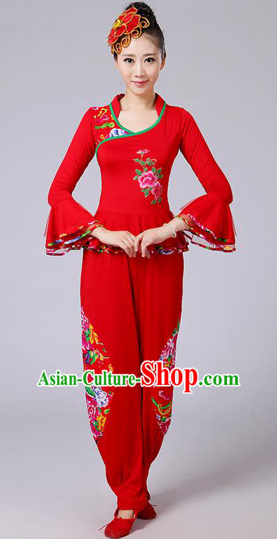 Traditional Chinese Yangge Fan Dancing Costume, Folk Dance Yangko Mandarin Sleeve Embroidery Peony Blouse and Pants Uniforms, Classic Dance Elegant Dress Drum Dance Red Clothing for Women