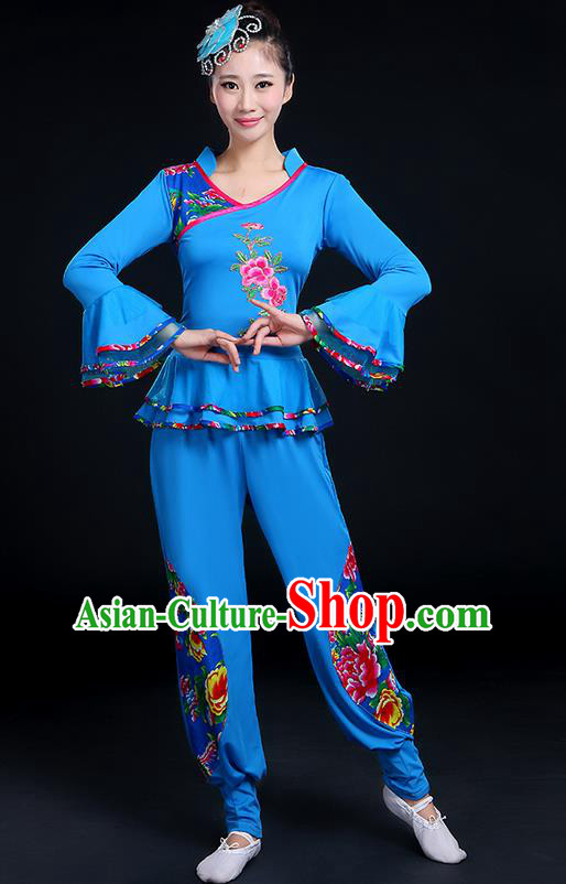Traditional Chinese Yangge Fan Dancing Costume, Folk Dance Yangko Mandarin Sleeve Embroidery Peony Blouse and Pants Uniforms, Classic Dance Elegant Dress Drum Dance Blue Clothing for Women