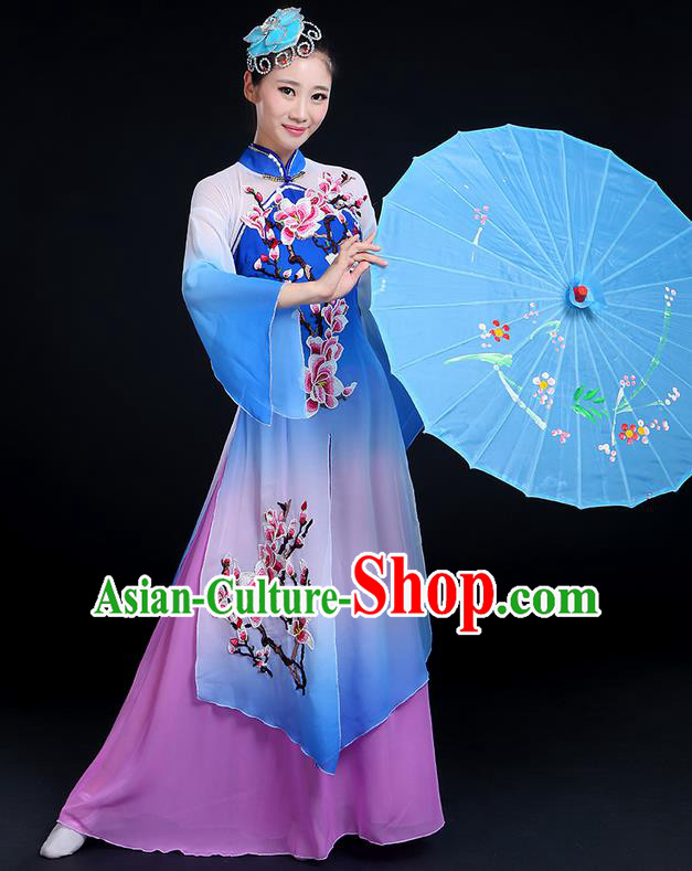 Traditional Chinese Yangge Fan Dancing Costume, Folk Dance Yangko Mandarin Sleeve Peach Blossom Painting Uniforms, Classic Dance Elegant Big Swing Dress Drum Dance Clothing for Women