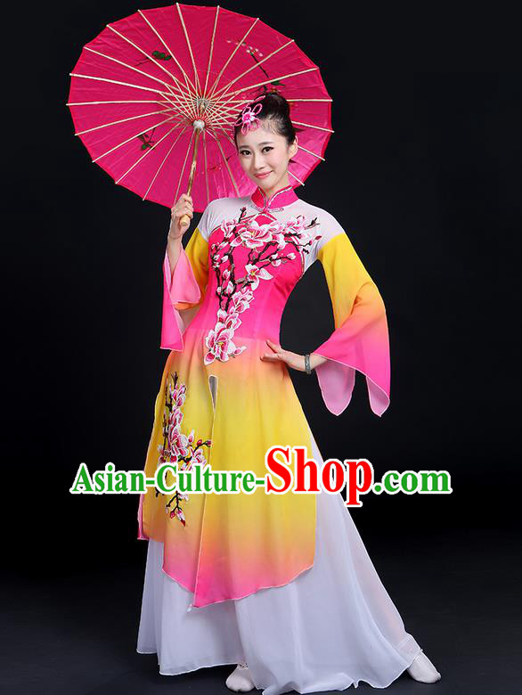 Traditional Chinese Yangge Fan Dancing Costume, Folk Dance Yangko Mandarin Sleeve Peach Blossom Painting Uniforms, Classic Dance Elegant Big Swing Dress Drum Dance Pink Clothing for Women