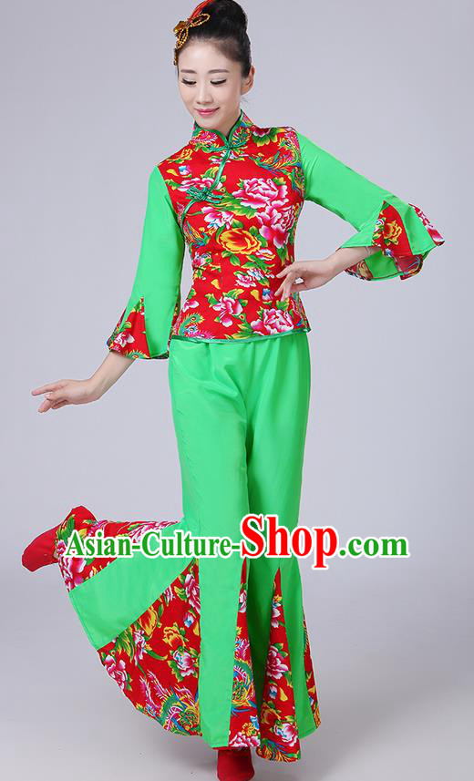 Traditional Chinese Yangge Fan Dancing Costume, Folk Dance Yangko Mandarin Sleeve Phoenix Peony Blouse and Pants Uniforms, Classic Dance Elegant Dress Drum Dance Green Clothing for Women
