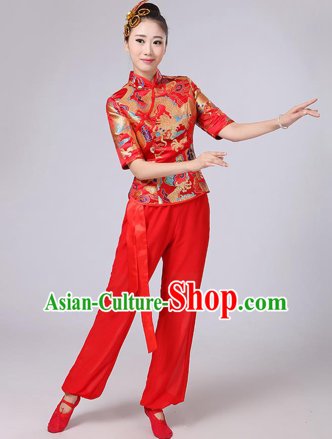 Traditional Chinese Yangge Fan Dancing Costume, Folk Dance Yangko Mandarin Collar Embroidered Dragon Blouse and Pants Uniforms, Classic Dance Elegant Dress Drum Dance Red Clothing for Women