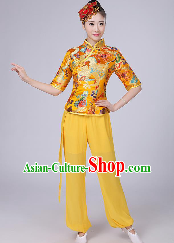 Traditional Chinese Yangge Fan Dancing Costume, Folk Dance Yangko Mandarin Collar Satin Dragon Blouse and Pants Uniforms, Classic Dance Elegant Dress Drum Dance Gold Clothing for Women