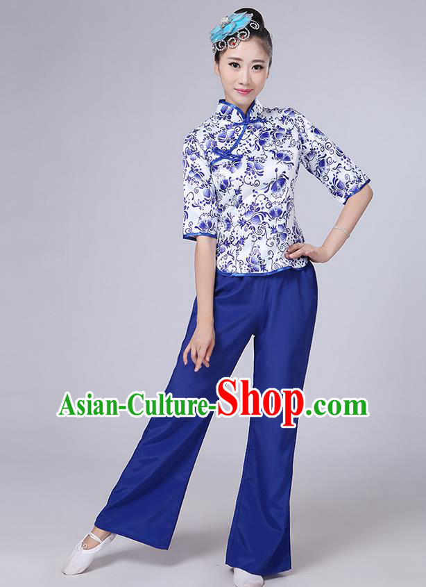 Traditional Chinese Yangge Fan Dancing Costume, Folk Dance Yangko Mandarin Collar Blue and White Porcelain Blouse and Pants Uniforms, Classic Dance Elegant Dress Drum Dance Blue Clothing for Women