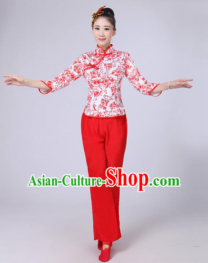 Traditional Chinese Yangge Fan Dancing Costume, Folk Dance Yangko Mandarin Collar Blue and White Porcelain Blouse and Pants Uniforms, Classic Dance Elegant Dress Drum Dance Red Clothing for Women