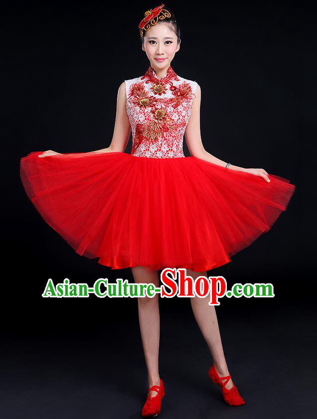 Traditional Chinese Modern Dancing Compere Costume, Women Opening Classic Dance Chorus Singing Group Bubble Gilding Uniforms, Modern Dance Classic Dance Big Swing Red Short Dress for Women