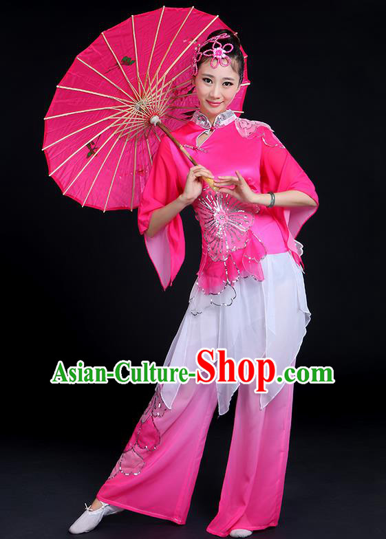 Traditional Chinese Yangge Fan Dancing Costume, Folk Dance Yangko Mandarin Collar Peony Blouse and Pants Uniforms, Classic Dance Elegant Big Swing Dress Drum Dance Pink Clothing for Women