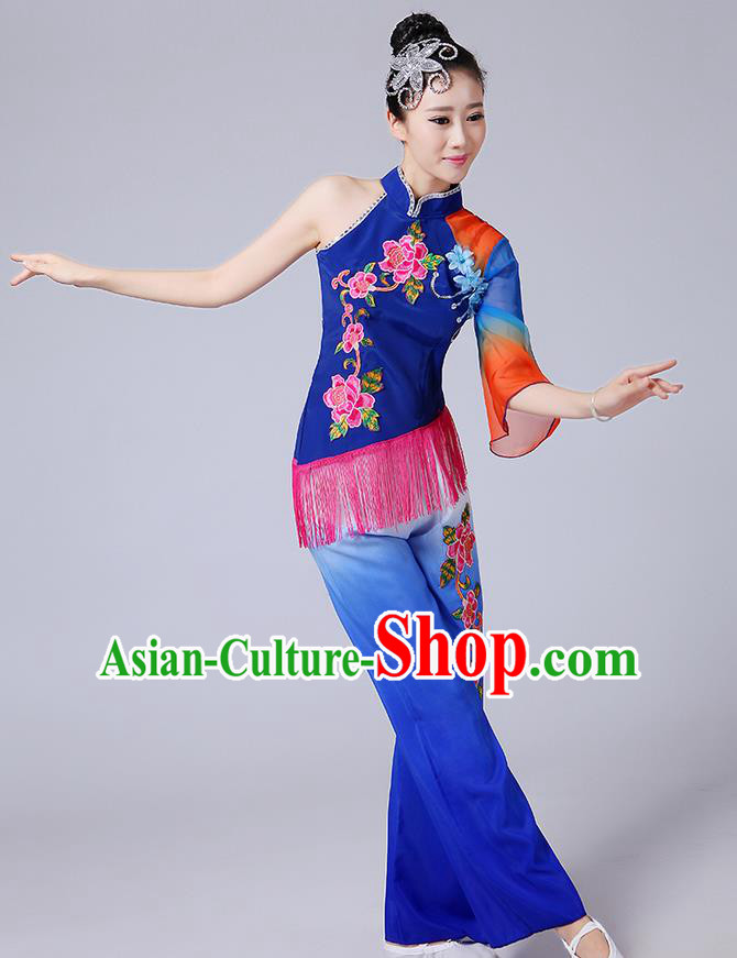 Traditional Chinese Yangge Fan Dancing Costume, Folk Dance Yangko Mandarin Sleeve Blouse and Pants Uniforms, Classic Dance Elegant Dress Drum Dance Blue Clothing for Women