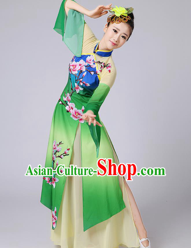 Traditional Chinese Yangge Fan Dancing Costume, Folk Dance Yangko Mandarin Sleeve Embroidered Peach Blossom Uniforms, Classic Dance Elegant Dress Drum Dance Green Clothing for Women