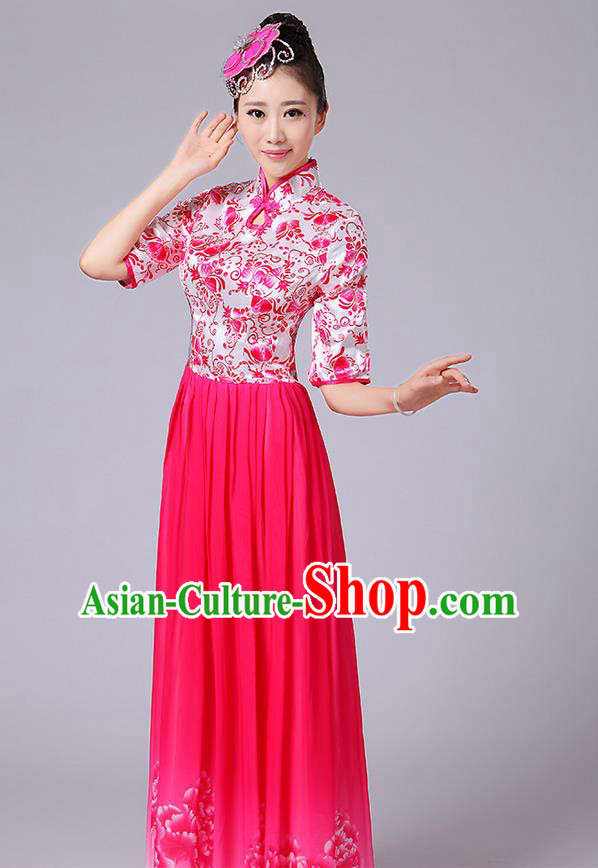 Traditional Chinese Style Modern Dancing Compere Costume, Women Opening Classic Chorus Singing Group Dance Mandarin Collar Peony Uniforms, Modern Dance Classic Dance Pink Cheongsam Dress for Women