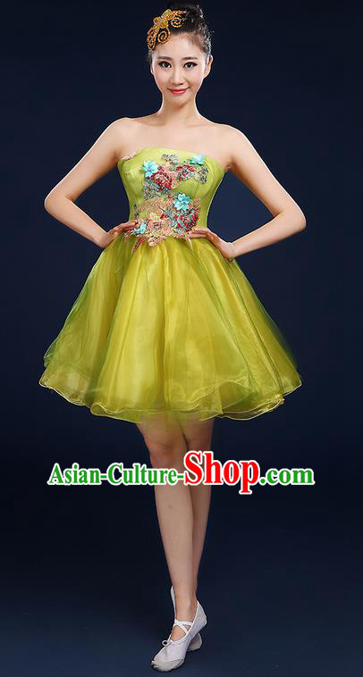 Traditional Chinese Modern Dancing Compere Costume, Women Opening Classic Dance Chorus Singing Group Bubble Tee Dress Uniforms, Modern Dance Classic Dance Big Swing Yellow Short Dress for Women