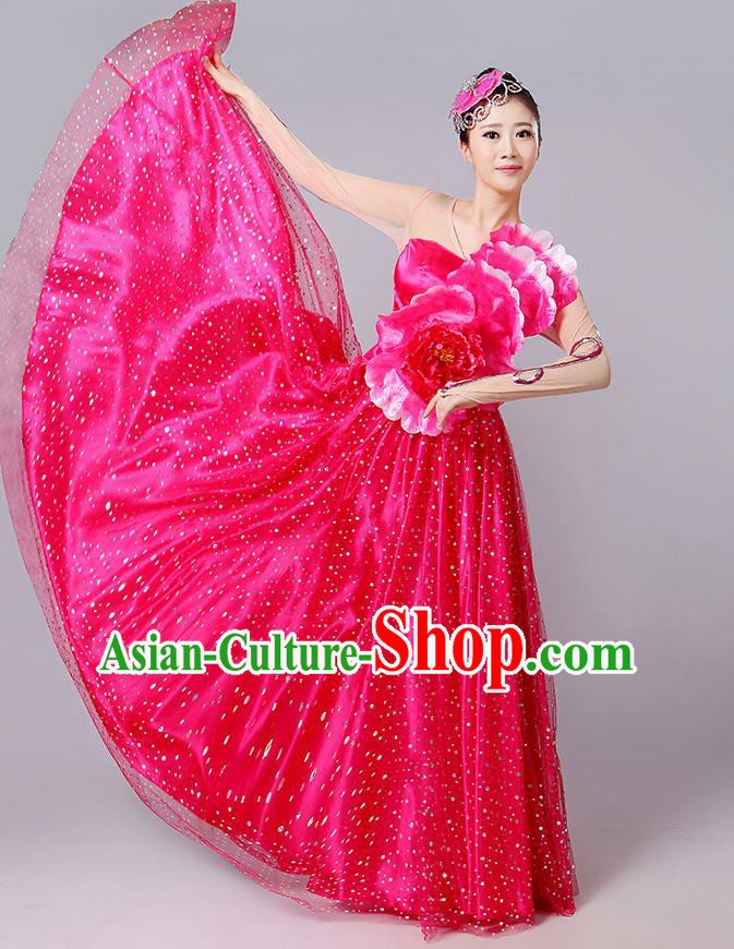 Traditional Chinese Modern Dancing Compere Costume, Women Opening Classic Dance Chorus Singing Group Bubble Peony Uniforms, Modern Dance Classic Dance Big Swing Rose Long Dress for Women