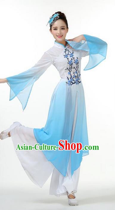 Traditional Chinese Yangge Fan Dancing Costume, Folk Dance Yangko Mandarin Sleeve Painting Plum Blossom Uniforms, Classic Dance Elegant Big Swing Dress Drum Dance Blue Clothing for Women