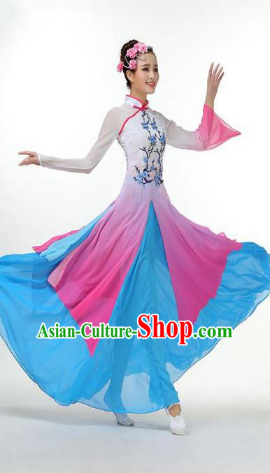 Traditional Chinese Yangge Fan Dancing Costume, Folk Dance Yangko Mandarin Sleeve Painting Plum Blossom Uniforms, Classic Dance Elegant Big Swing Dress Drum Dance Blue Clothing for Women