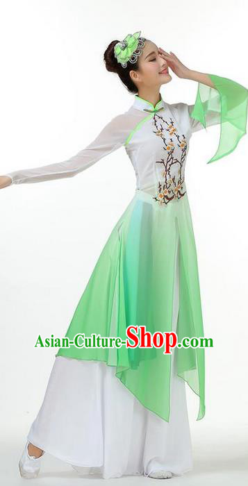 Traditional Chinese Yangge Fan Dancing Costume, Folk Dance Yangko Mandarin Sleeve Painting Plum Blossom Uniforms, Classic Dance Elegant Big Swing Dress Drum Dance Green Clothing for Women