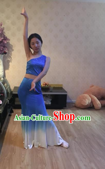 Traditional Chinese Dai Nationality Peacock Dancing Costume, Folk Dance Ethnic Fishtail Dress, Chinese Minority Nationality Dancing Blue Clothing for Women