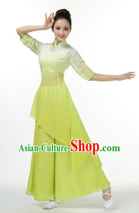 Traditional Chinese Yangge Fan Dancing Costume, Folk Dance Yangko Mandarin Collar Green Uniforms, Classic Umbrella Dance Elegant Big Swing Dress Drum Dance Clothing for Women