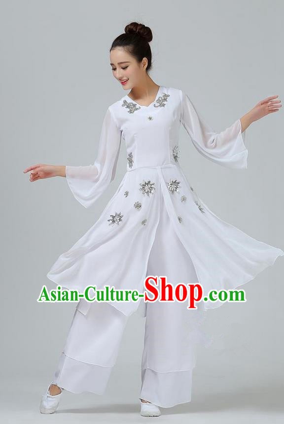 Traditional Chinese Yangge Fan Dancing Costume, Folk Dance Yangko Mandarin Sleeve Uniforms, Classic Umbrella Dance Elegant Big Swing Dress Drum Dance White Clothing for Women