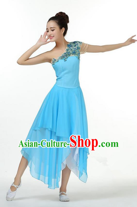 Traditional Modern Dancing Compere Costume, Women Opening Classic Chorus Singing Group Dance Dress, Modern Dance Classic Ballet Dance Blue Paillette Dress for Women