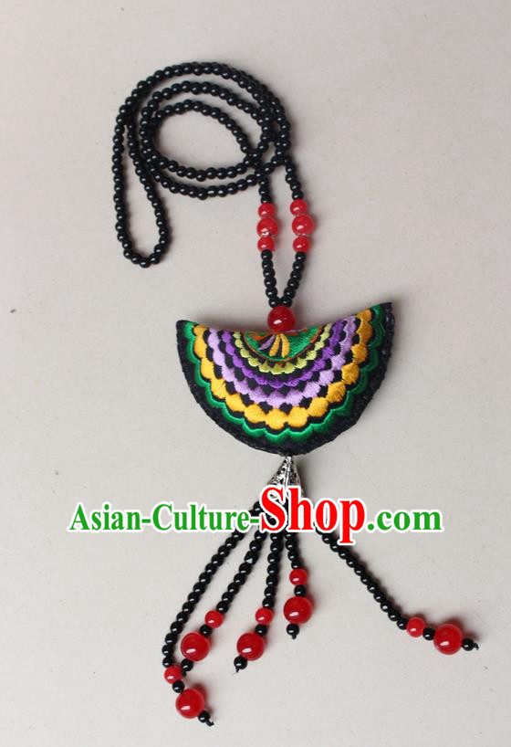 Traditional Chinese Miao Nationality Crafts Jewelry Accessory, Hmong Handmade Red Beads Tassel Double Side Embroidery Fan Pendant, Miao Ethnic Minority Necklace Accessories Sweater Chain Pendant for Women
