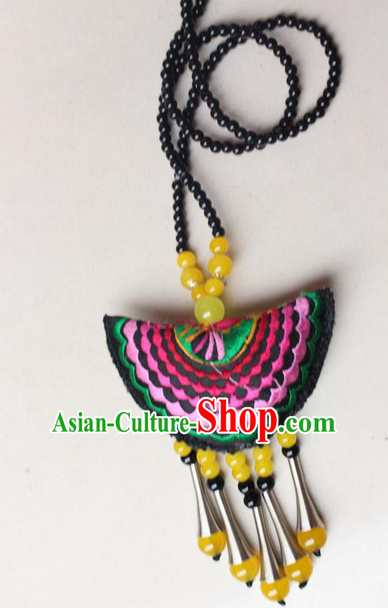Traditional Chinese Miao Nationality Crafts Jewelry Accessory, Hmong Handmade Yellow Beads Tassel Double Side Embroidery Fan Pendant, Miao Ethnic Minority Necklace Accessories Sweater Chain Pendant for Women