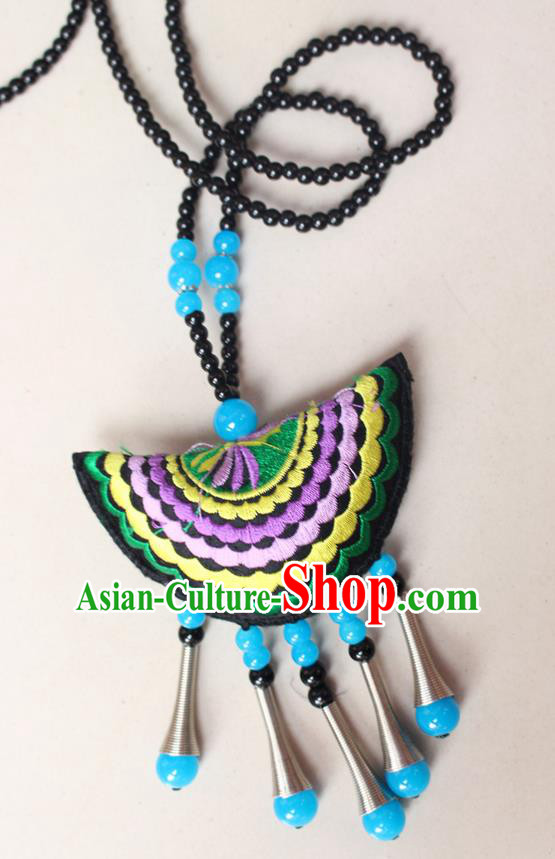 Traditional Chinese Miao Nationality Crafts Jewelry Accessory, Hmong Handmade Blue Beads Tassel Double Side Embroidery Fan Pendant, Miao Ethnic Minority Necklace Accessories Sweater Chain Pendant for Women