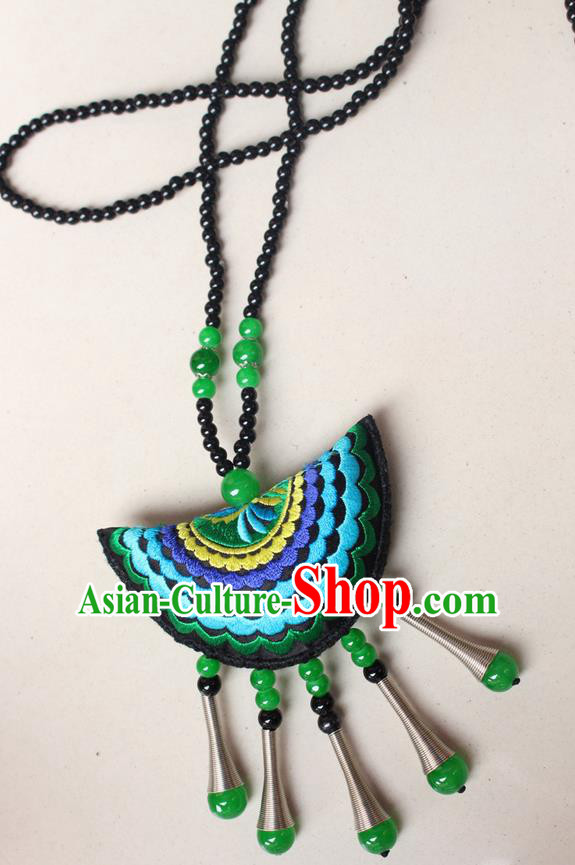 Traditional Chinese Miao Nationality Crafts Jewelry Accessory, Hmong Handmade Green Beads Tassel Double Side Embroidery Fan Pendant, Miao Ethnic Minority Necklace Accessories Sweater Chain Pendant for Women