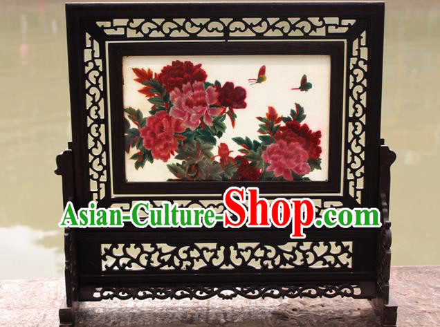 Traditional Chinese Miao Nationality Minority Crafts Hmong Xiangxi Embroidery Decorative Table Ornaments, Embroidery Peony Folding Screen