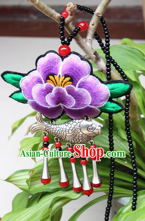 Traditional Chinese Miao Nationality Crafts Jewelry Accessory, Hmong Handmade Miao Silver Fish Beads Tassel Embroidery Flowers Pendant, Miao Ethnic Minority Necklace Accessories Sweater Chain Pendant for Women