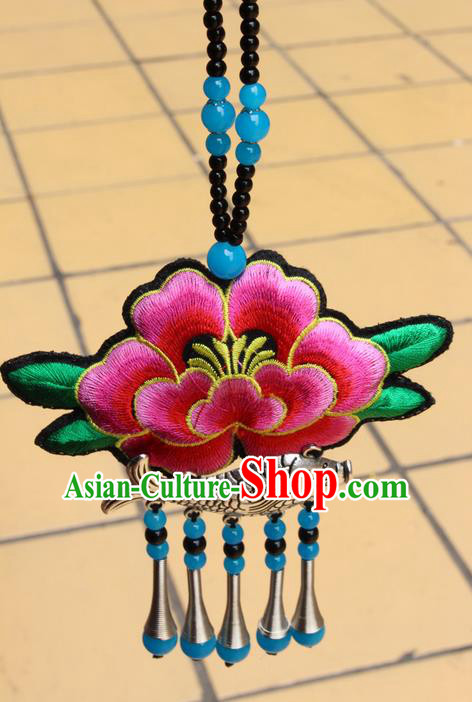 Traditional Chinese Miao Nationality Crafts Jewelry Accessory, Hmong Handmade Miao Silver Fish Beads Tassel Embroidery Flowers Pendant, Miao Ethnic Minority Necklace Accessories Sweater Chain Pendant for Women