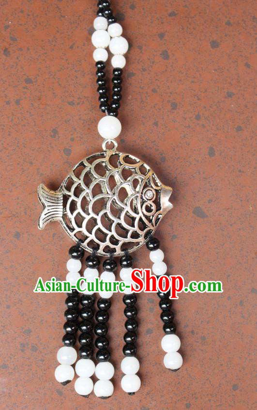 Traditional Chinese Miao Nationality Crafts Jewelry Accessory, Hmong Handmade Miao Silver Fish Beads Tassel Pendant, Miao Ethnic Minority Necklace Accessories Sweater Chain Pendant for Women