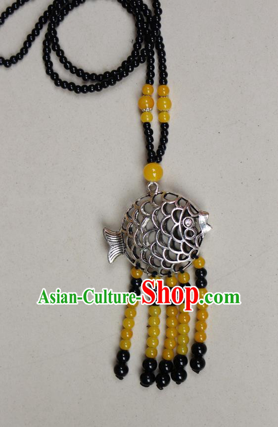 Traditional Chinese Miao Nationality Crafts Jewelry Accessory, Hmong Handmade Miao Silver Fish Beads Tassel Pendant, Miao Ethnic Minority Necklace Accessories Sweater Chain Pendant for Women