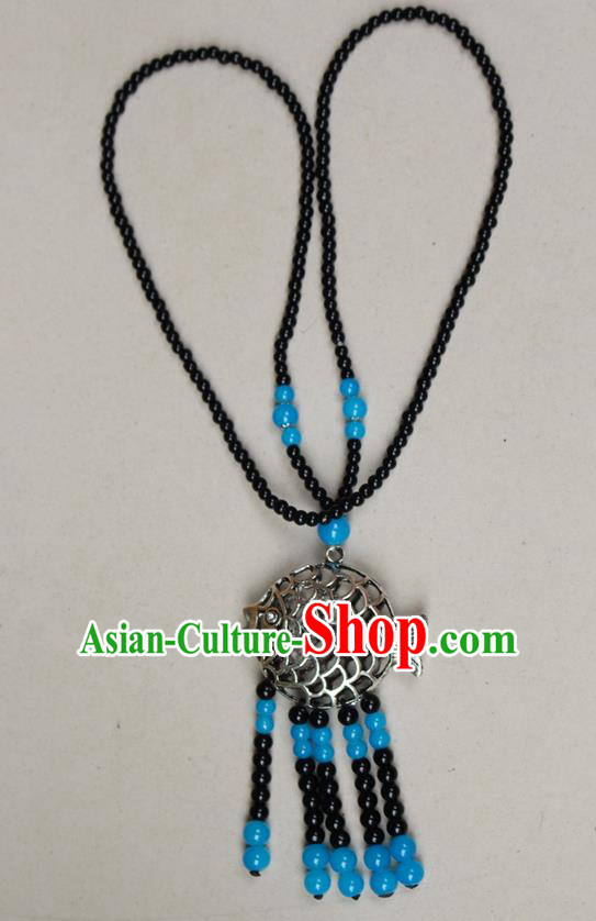 Traditional Chinese Miao Nationality Crafts Jewelry Accessory, Hmong Handmade Miao Silver Fish Beads Tassel Pendant, Miao Ethnic Minority Necklace Accessories Sweater Chain Pendant for Women