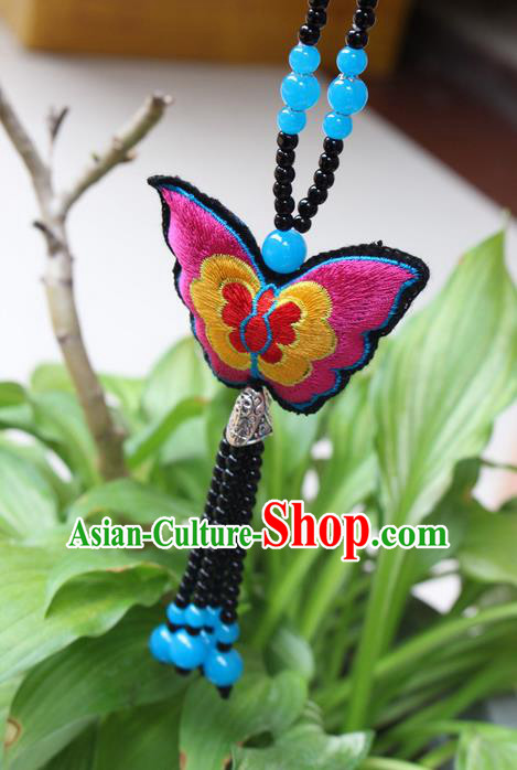 Traditional Chinese Miao Nationality Crafts Jewelry Accessory, Hmong Handmade Black Beads Tassel Double Side Embroidery Butterfly Pendant, Miao Ethnic Minority Necklace Accessories Sweater Chain Pendant for Women