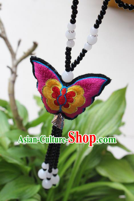 Traditional Chinese Miao Nationality Crafts Jewelry Accessory, Hmong Handmade Black Beads Tassel Double Side Embroidery Butterfly Pendant, Miao Ethnic Minority Necklace Accessories Sweater Chain Pendant for Women