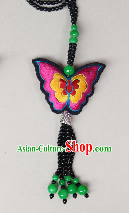 Traditional Chinese Miao Nationality Crafts Jewelry Accessory, Hmong Handmade Black Beads Tassel Double Side Embroidery Butterfly Pendant, Miao Ethnic Minority Necklace Accessories Sweater Chain Pendant for Women