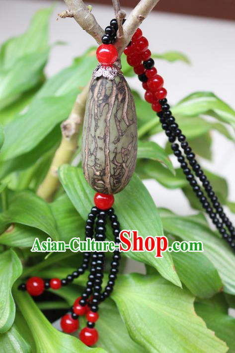 Traditional Chinese Miao Nationality Crafts Jewelry Accessory, Hmong Handmade Black Beads Bodhi Seed Tassel Pendant, Miao Ethnic Minority Necklace Accessories Sweater Chain Pendant for Women