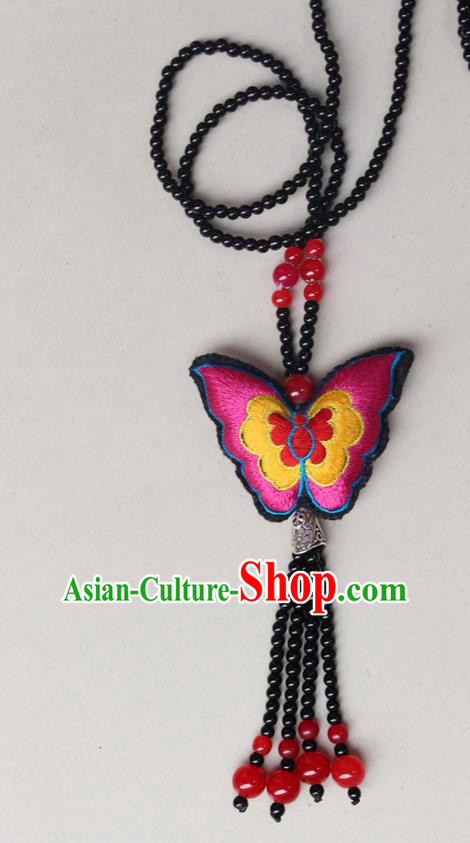 Traditional Chinese Miao Nationality Crafts Jewelry Accessory, Hmong Handmade Black Beads Tassel Double Side Embroidery Butterfly Pendant, Miao Ethnic Minority Necklace Accessories Sweater Chain Pendant for Women