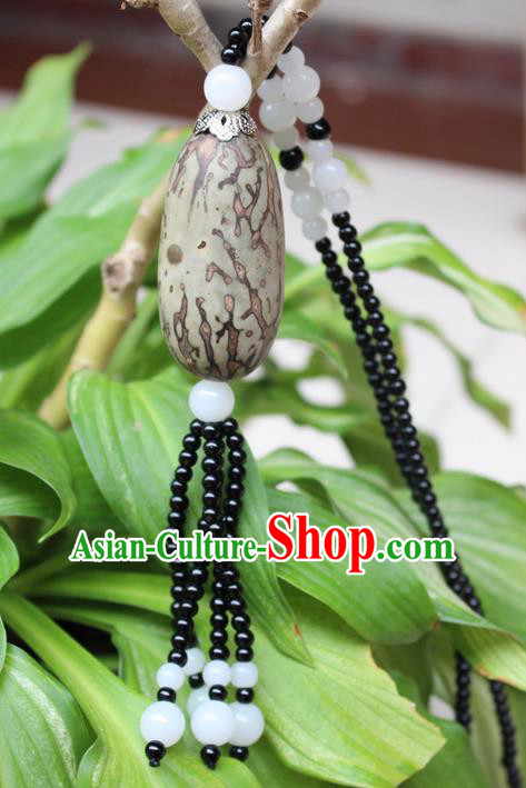 Traditional Chinese Miao Nationality Crafts Jewelry Accessory, Hmong Handmade Black Beads Bodhi Seed Tassel Pendant, Miao Ethnic Minority Necklace Accessories Sweater Chain Pendant for Women