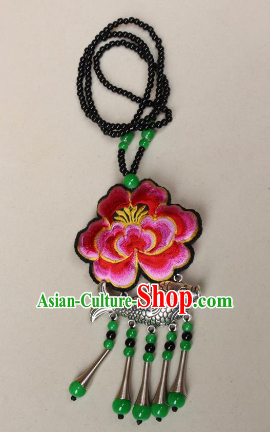 Traditional Chinese Miao Nationality Crafts Jewelry Accessory, Hmong Handmade Miao Silver Fish Beads Tassel Embroidery Peony Pendant, Miao Ethnic Minority Necklace Accessories Sweater Chain Pendant for Women