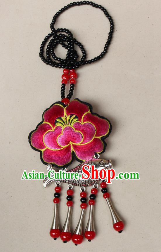 Traditional Chinese Miao Nationality Crafts Jewelry Accessory, Hmong Handmade Miao Silver Fish Beads Tassel Embroidery Peony Pendant, Miao Ethnic Minority Necklace Accessories Sweater Chain Pendant for Women